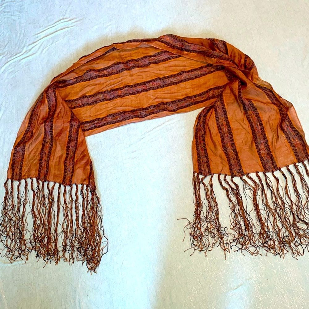 Chico’s 54” x 14” scarf w/ 9” tassels 50% Rayon 40% Nylon striped oblong scarf